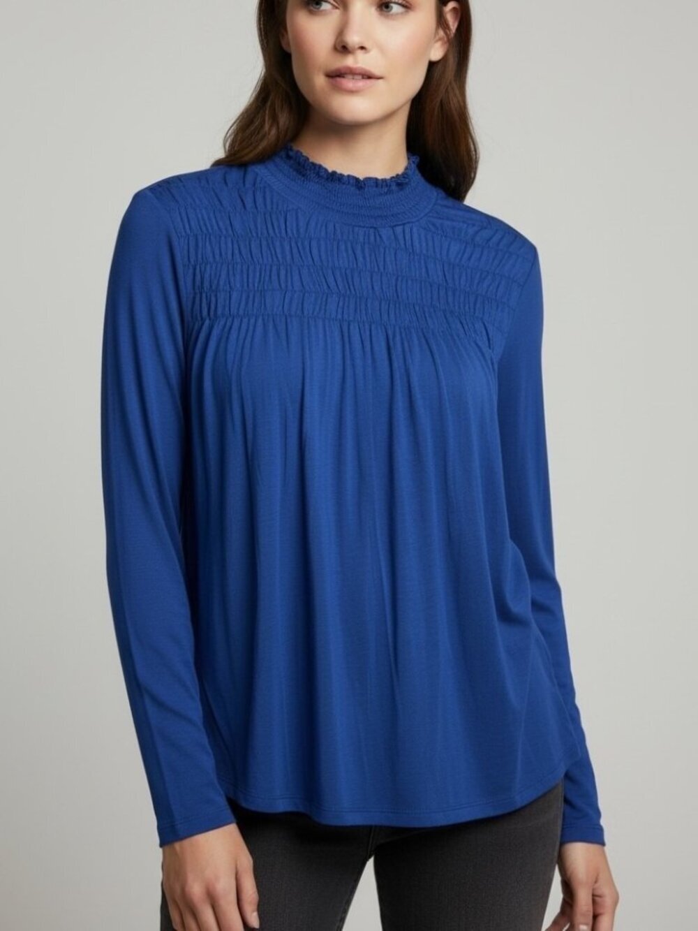 Sundance Smocked Mock Neck Top Royal Blue Lyocell Cotton Jersey Size XL